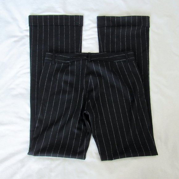 SOLD THEORY Black Pinstripe Flare Trousers Low Rise Wool Dress Pants Essential - Picture 2 of 13